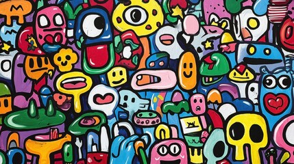 Vibrant, chaotic doodle creatures fill the entire wall