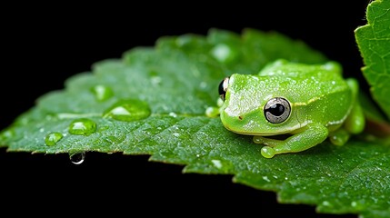 Obraz premium Green Frog on Leaf with Water Drops