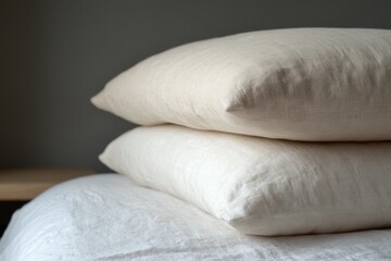 Three pillows stacked on top of each other, one of which is white. The pillows are arranged in a way that they are almost touching each other, creating a sense of closeness and intimacy