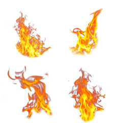 Four fiery flame images isolated on black background