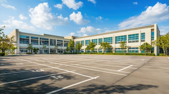 High school building with large parking lot and signage
