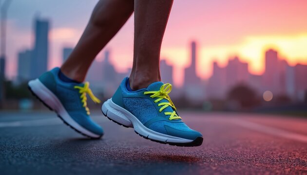 Runner wearing blue yellow running shoes. Morning workout against vibrant city skyline at sunrise. Active lifestyle, movement, urban background, training, wellness, healthy life. Sporty feet on