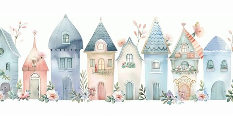 Obraz premium Watercolor painting of cute, pastel-colored row of houses with flowers on a white background