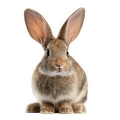Fototapeta premium A close-up of a fluffy rabbit sitting calmly, showcasing its large ears and soft fur against a plain background