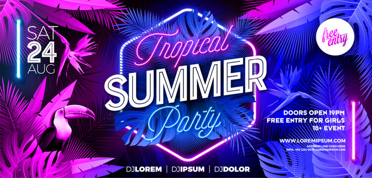 Summer Party Banner Design Template with Glowing Neon Light on Fluorescent Tropic Leaves Background. Vector Summer Celebration Holiday Illustration for Banner, Flyer, Invitation or Celebration Poster.