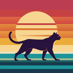 Retro Sunset Silhouette of a Majestic Black Cat