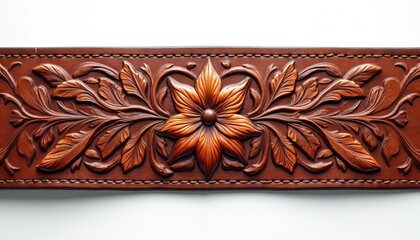 Detailed brown leather belt with ornate floral embossing on white background. Intricate carving creates elegant texture. Vintage craftsmanship. Art deco style accessory for fashion, design, decor.