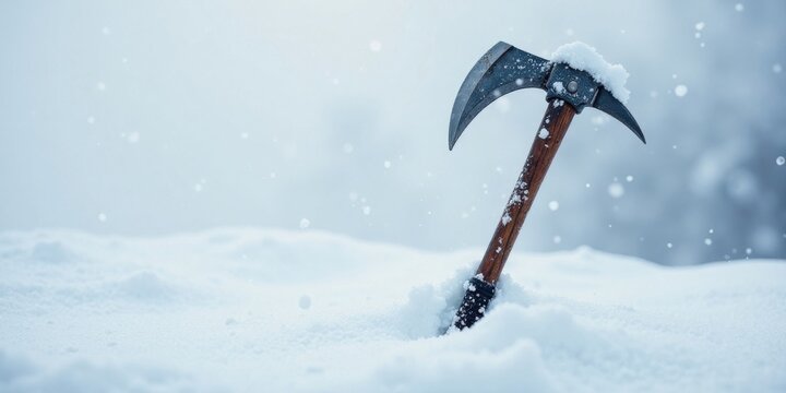 A sturdy ice axe, partially buried in pristine snow, endures a gentle snowfall, a testament to winter's enduring presence.