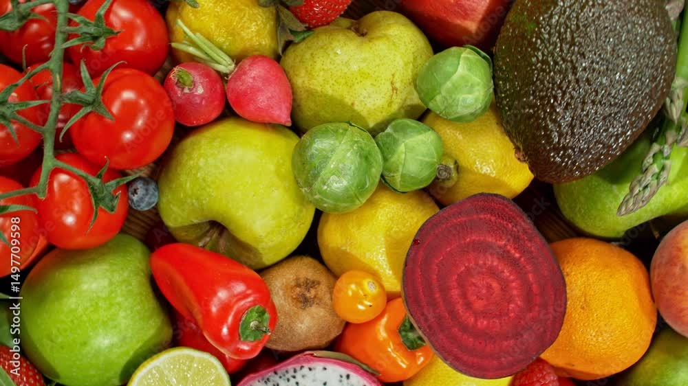 Aufkleber various kind of fresh fruits and vegetable. camera placed on motion control system. filmed on high s