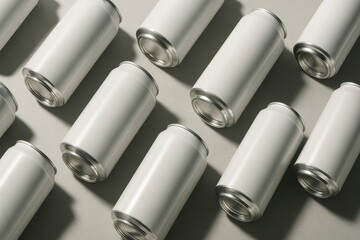 Fototapeta premium Sleek Aluminum Beverage Cans: A symmetrical arrangement of clean, minimalist aluminum cans, perfect for illustrating concepts of product design, packaging, and refreshment.