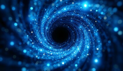 A mesmerizing spiral galaxy with a dark center and glowing blue particles