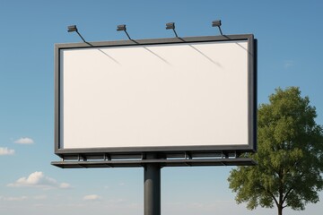 Obraz premium Billboard in Sunlight: An outdoor billboard is framed against the serene backdrop of a bright blue sky, offering a blank canvas for impactful messaging, advertising, or creative design. 