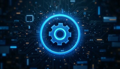 Obraz premium Digital Gear Icon on Circuit Board Background