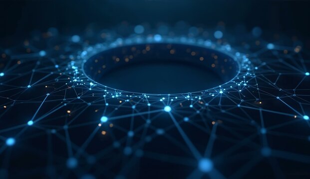 A digital network with a central circular hub and interconnected nodes