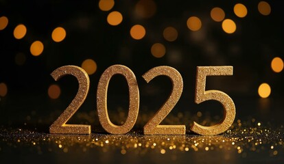 Golden Numbers Representing the Year 2025 with Bokeh Background