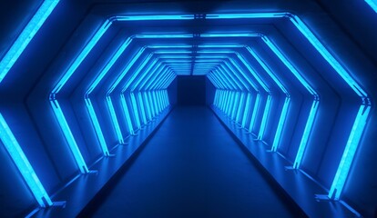 A futuristic tunnel illuminated with blue neon lights