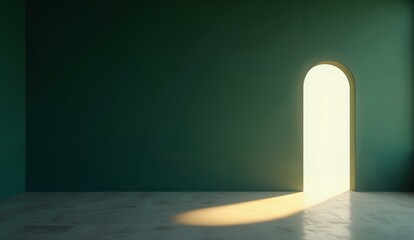 An archway with light streaming through into a dimly lit room
