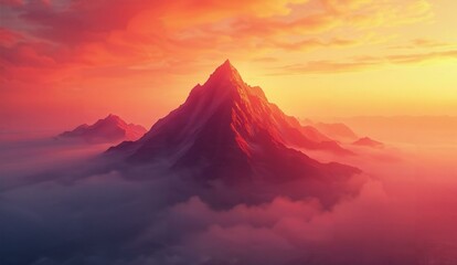 A majestic mountain peak emerging from the clouds during a vibrant sunset
