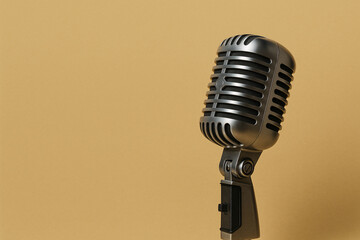 Classic Vintage Microphone on Stand Against Beige Background &ndash; Retro Audio Equipment for Voice Recording