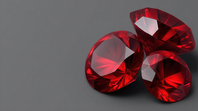 Three brilliantly cut red ruby gemstones glisten against a dark gray background, showcasing their facets and intense color in a luxurious setting of precious stones.
