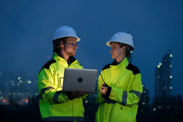 Workers discuss project plans at night with laptop and walkie-talkie in urban construction site