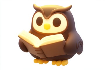 Fototapeta premium 3D Cartoon Owl Bookkeeper Icon with Chocolate Brown and Parchment Yellow Colors, Ultra High Definition Isometric View on White Background, Detailed Studio Lighting