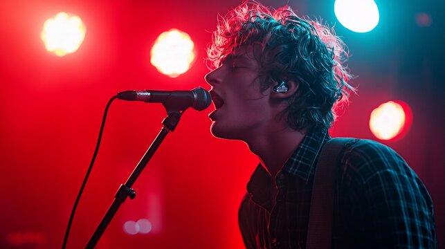 Energetic singer performing on stage, illuminated by vibrant red and blue lights.  Passionate vocals fill the concert hall - Powered by Adobe