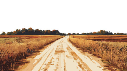 The image presents a high-angle, long shot of a dirt road traversing a predominantly golden-hued field. The road, centrally positioned, extends from the foreground to the horizon, where a dark line.