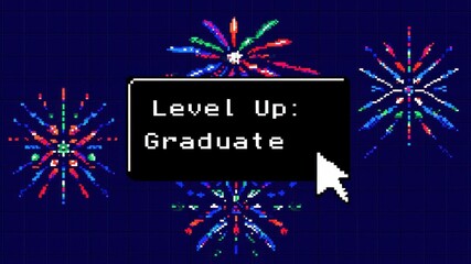 Pixel-style fireworks with digital pop-up window reading “Level Up: Graduate” and cursor click symbolizing academic achievement, student progress, graduation celebration, gamified success, digital mil