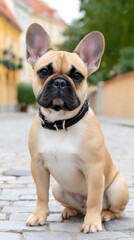 French bulldog sitting on cobblestone street wearing black collar