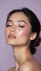 Naklejka premium Close-up portrait beautiful model. Glamorous makeup, perfect skin, expressive eyes, soft lips. Brunette hair in a bun. Pro cosmetic make up. Studio shot, beauty concept.