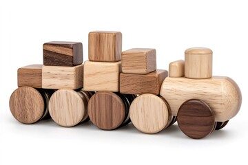 Wooden toy train with cargo on a white background