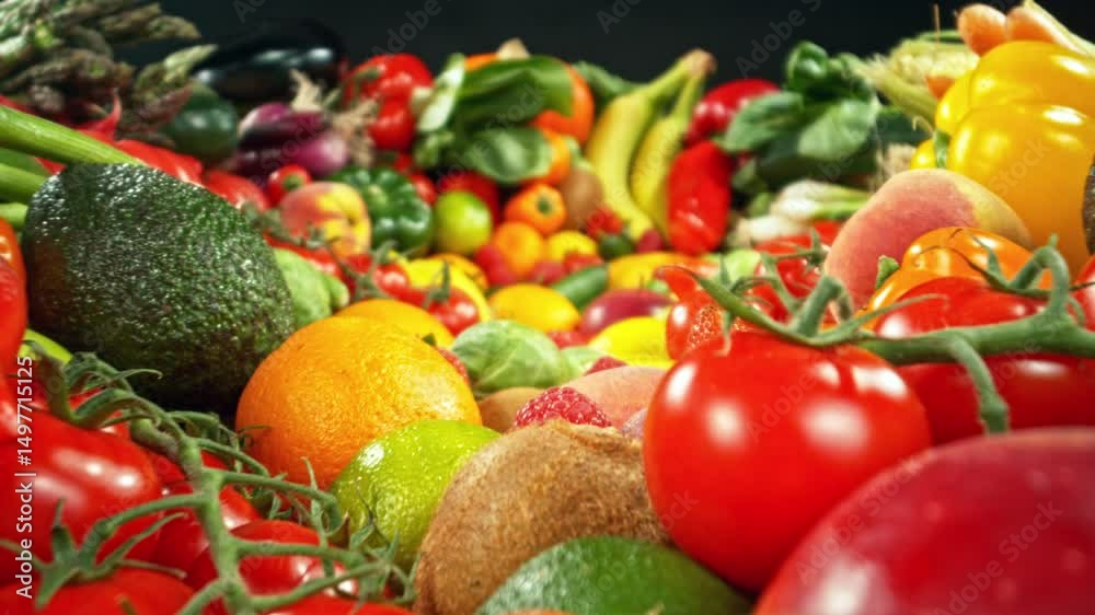 Aufkleber various kind of fresh fruits and vegetable. camera placed on motion control system. filmed on high s