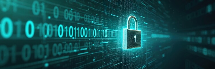 Encryption concept with lock key, abstract background with binary code. Cyber security, digital data protection, secure access, online safety. Data privacy, information technology, antivirus,