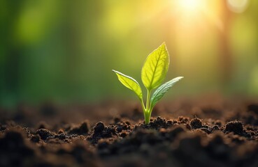 Fototapeta premium Young vibrant green sprout emerges from dark soil. Bright sunlight illuminates leaves. Symbol of new life growth and rebirth in agriculture. Eco-friendly gardening nature background.