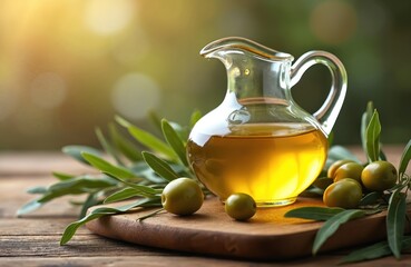 Glass pitcher olive oil wooden background. Green olives on board with leaves. Healthy vegetarian mediterranean food concept. Ingredient cooking recipes, advertising, marketing.