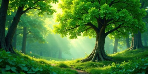 Fototapeta premium Serene Forest Path Sunlight Illuminates Lush Greenery, Ancient Tree Roots, and a Gentle Meadow Trail