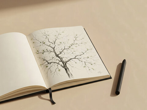  dessin d&rsquo;un arbre dans un carnet ouvert avec un crayon  

