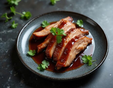 Top view Peking duck slices served on ceramic plate with sauce, fresh parsley. Traditional Asian cuisine, fine dining. Culinary art for restaurant menu.