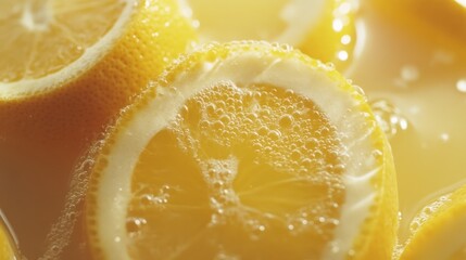 Close-up of lemon slices in juice, bubbles visible.