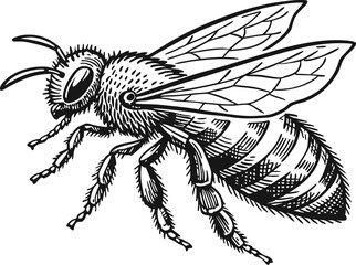 Highly detailed black and white vector illustration of a honey bee, symmetrical top-down view.