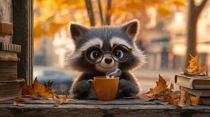 Fototapeta premium Cozy raccoon enjoying autumn coffee