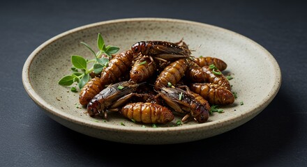 Fried insects served on a ceramic plate with herbs on dark background  