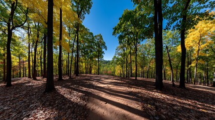 Fototapeta premium Autumn Pathway Sunlit Forest Trail in Fall Colors.