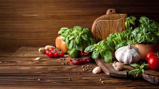 Rustic Kitchen Table with Basil, Garlic, and Tomatoes