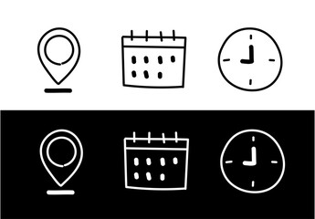 Doodle  location address and time icons set. Clock / watch or time icon. Hand drawn Date Calendar icon. Marker icon, Alarm symbol. Web icons set