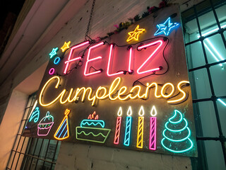 Neon Feliz Cumpleaños sign with birthday candles and doodles / Letrero neón de Feliz Cumpleaños con velas de pastel y dibujos festivos