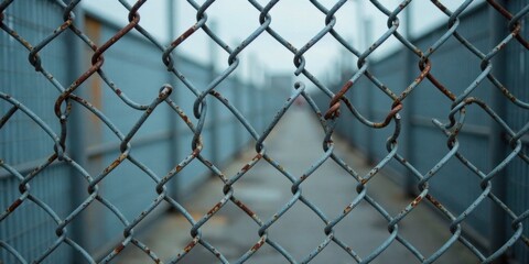A weathered chain link fence reveals a blurred pathway beyond its rusty, interwoven metal