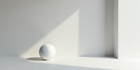 Serene Minimalist Room Interior Featuring a Single White Sphere Illuminated by Sunlight