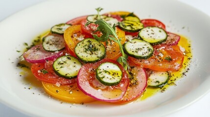 Colorful summer vegetable salad with herbs and olive oil dressing.